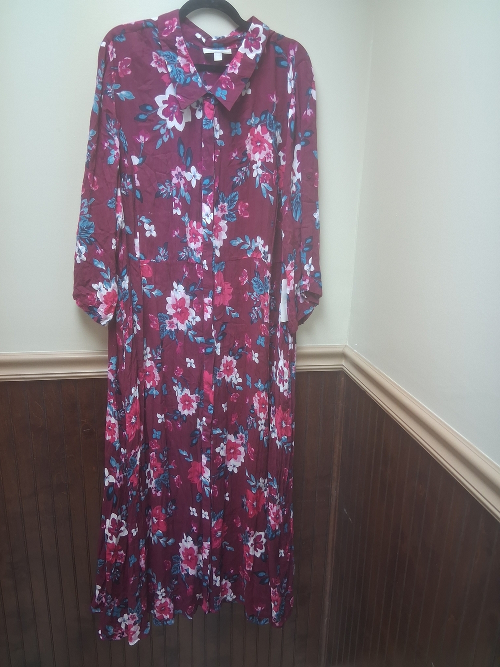 Woman Within Floral Button-Front Burgundy Maxi Dress Size 30W 100% Rayon NWT